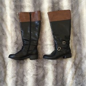 EUC! Black and Tan Mid Calf Faux Leather Boots